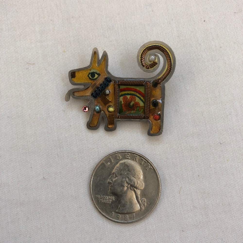 Seeka Dog Pin Art Deco Beaded Jewels Brooch Style Puppy Flowers Yellow Tone - Picture 11 of 12